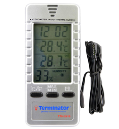  TERMINATOR INDOOR AND OUTDOOR TEMP&HYGROMETER W/CLOCK 4 IN 1   