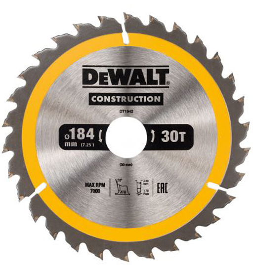 DEWALT CIRCULAR SAW BLADE – DIA 184 BORE 30 ATB 10DEG 30T