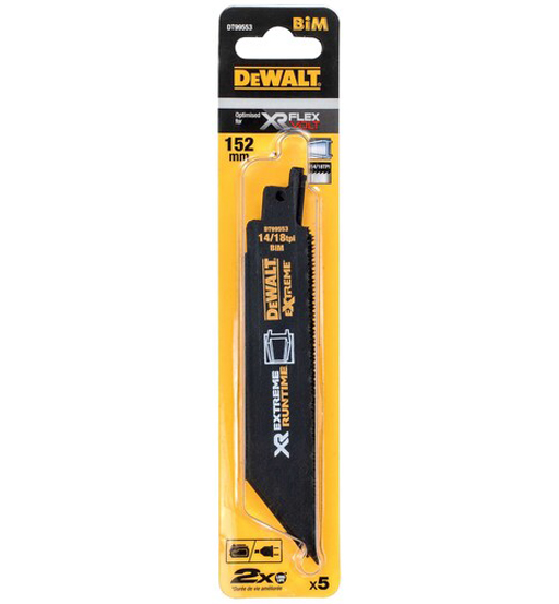DEWALT 5 PIECE XR EXTREME RUNTIME 152mm RECIPROCATING SAW BLADES-FOR HARD METALS