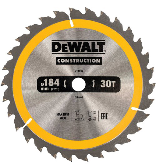 DEWALT CIRCULAR SAW BLADE 184 X 16 X 30T ATB PORTABLE