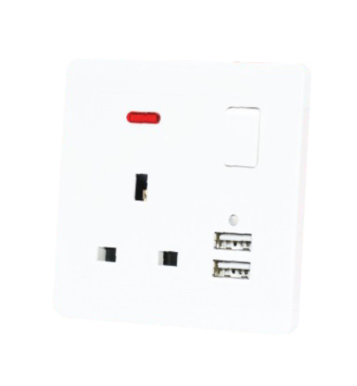 SWITCH SOCKET 13A 1G MF 3PIN 2 USB W/NEON-BLIT