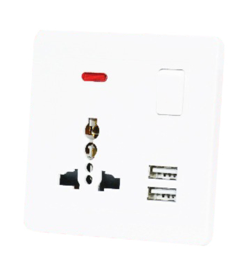 SWITCH SOCKET 13A 1G 3PIN 2USB W/NEON-BLIT