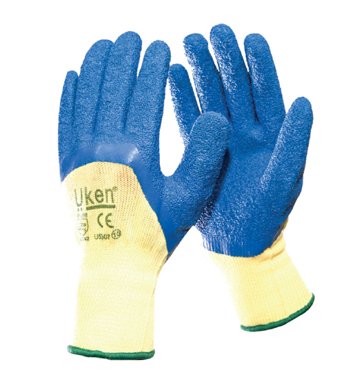 UKEN GLOVES LATEX BLUE GRIP HALF COATED 