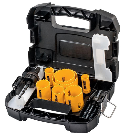 DEWALT ELECTRICIANS SET IN PLASTIC KIT BOX,2XHEX SHANK MANDRELS.2XPILOT DRILLS BITS,7 HOLE SAWS DIA 20,25,35,32,40,51,64MM