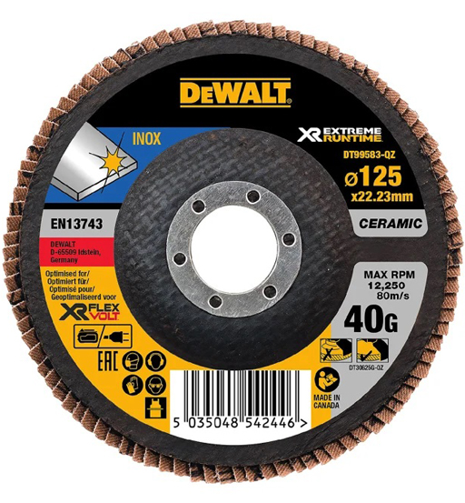 DEWALT XR FV FLAP DISC 125 X 22.23MM 40G INOX