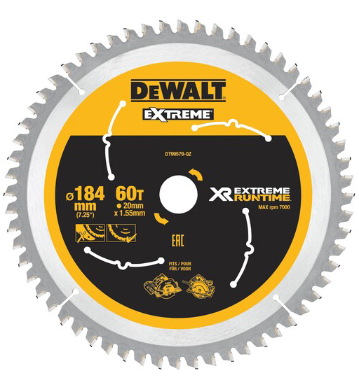 DEWALT XR EXTREME RUNTIME CIRCULAR SAW BLADE184mm BORE 20mm 60T