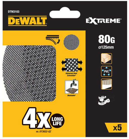 DEWALT EXTREME UNIVERSAL ABRASIVE MESH ROS SHEET-125mm DIAMETER-80G