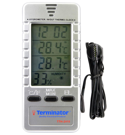 TERMINATOR INDOOR AND OUTDOOR TEMP&HYGROMETER W/CLOCK 4 IN 1   