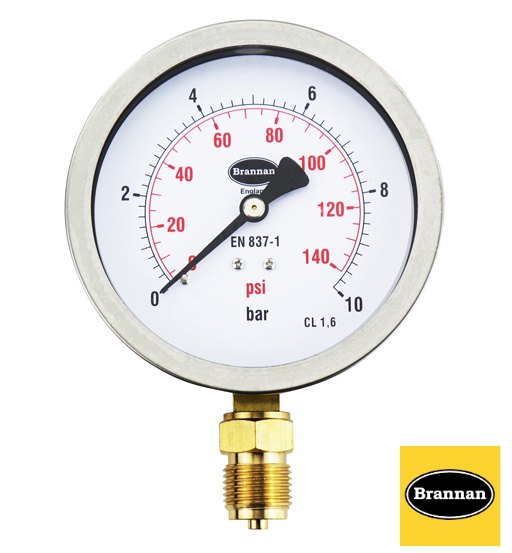 PRESSURE GAUGE SS 0 - 10PSI 100MM BOTTOM BRANNAN